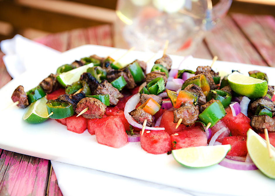 Spicy Beef Kebabs with Watermelon Salad